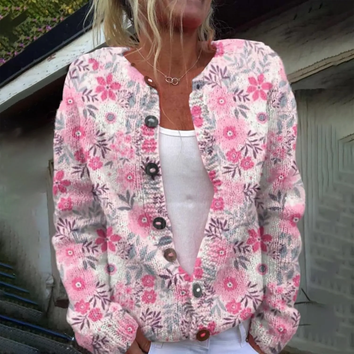Women's Cute Pattern Printed Sweater Cardigan Long Sleeve Button Open Love Heart Knitted Sweater Outwear Coat