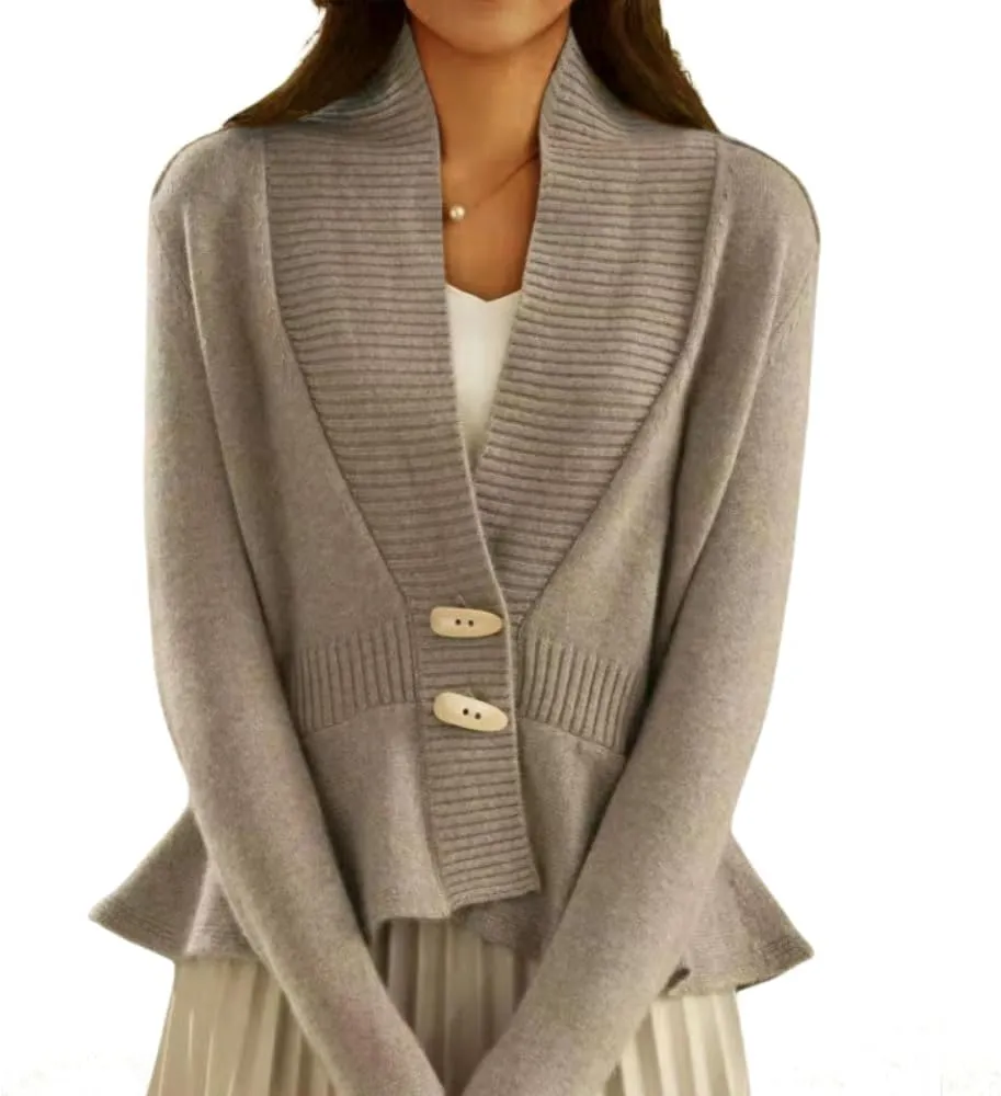 Women's Fall Ribbed V-Neck Vintage Cardigan Sweater Toggle Button Down Peplum Tops for Women