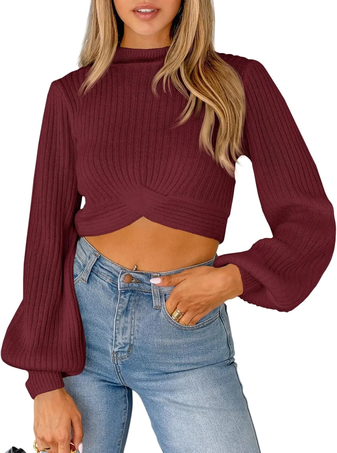 Womens Fall Winter Cropped Sweater Causal Mock Neck Ribbed Knit Pullover Jumper Tops