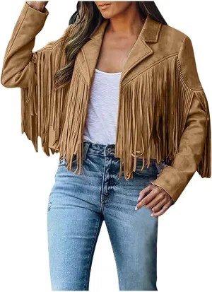 Womens Faux Suede Leather Jacket Fashion Fringe Cropped Coat Solid Motorcycle Outwear Casual Tassels Cardigan