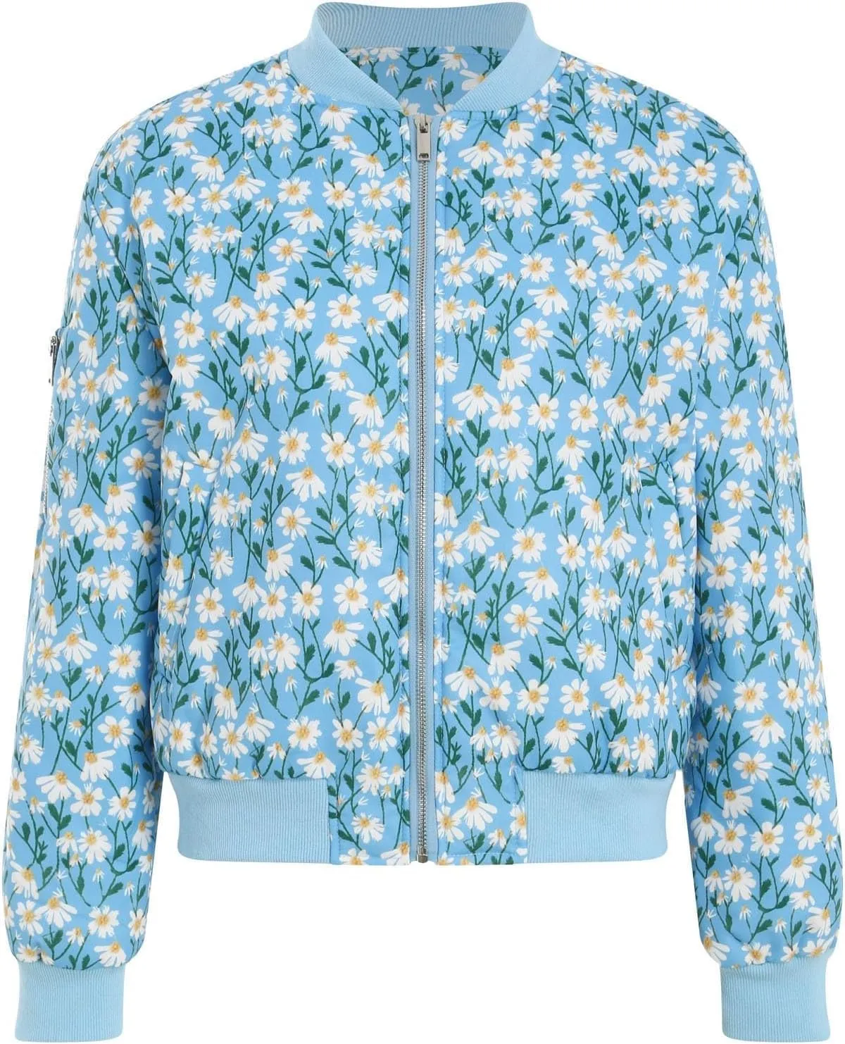 Womens Floral Bomber Jacket Cropped Zipper Down Long Sleeve Daisy Padded Coat Outwear with Pockets