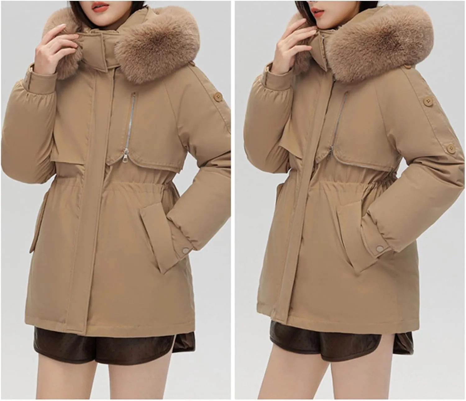 Women's Fur Hooded Puffer Jackets Winter Zip Up Casual Fashion Parka Coat Cotton Padded Outerwear