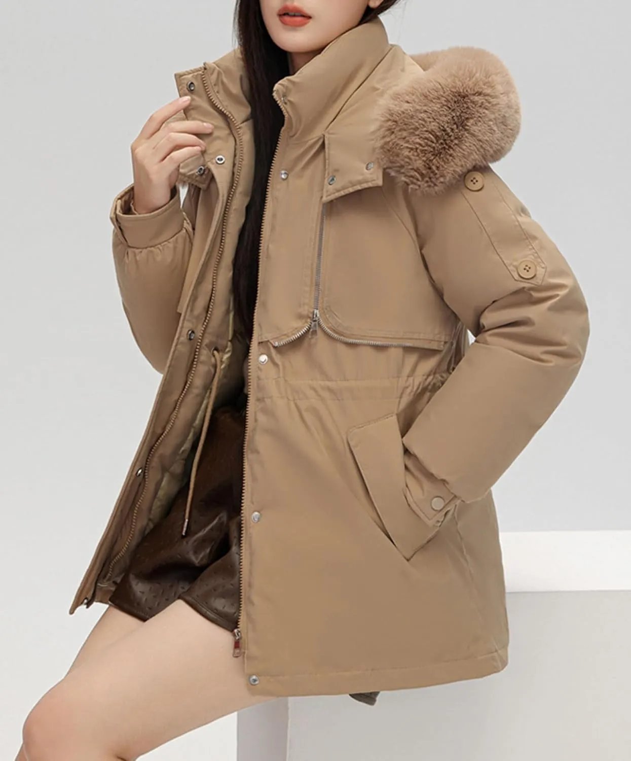 Women's Fur Hooded Puffer Jackets Winter Zip Up Casual Fashion Parka Coat Cotton Padded Outerwear