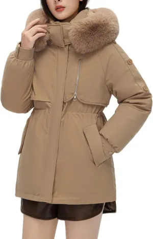 Women's Fur Hooded Puffer Jackets Winter Zip Up Casual Fashion Parka Coat Cotton Padded Outerwear