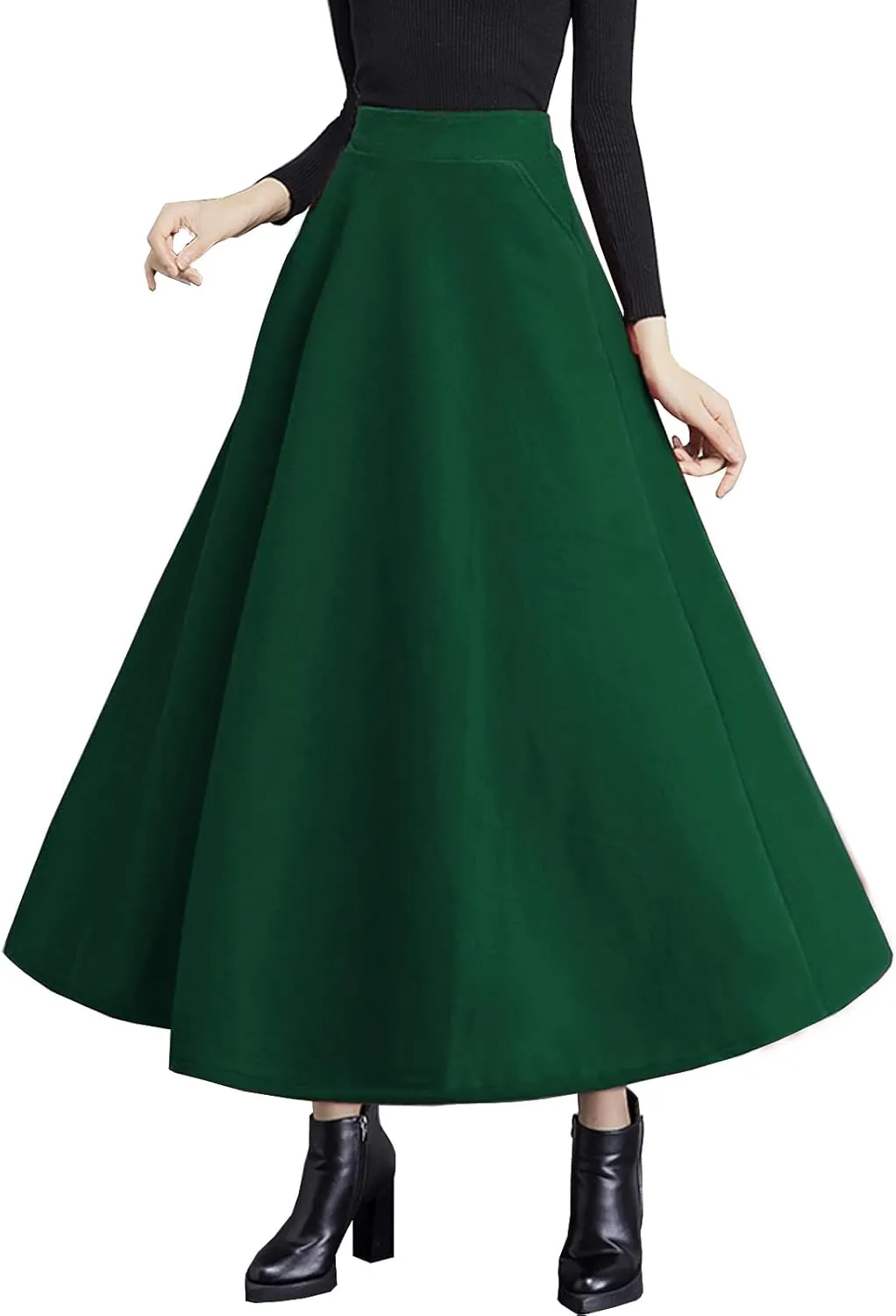 Women's High Elastic Waist Maxi Wool Skirt A-line Plaid Winter Warm Flare Long Skirt