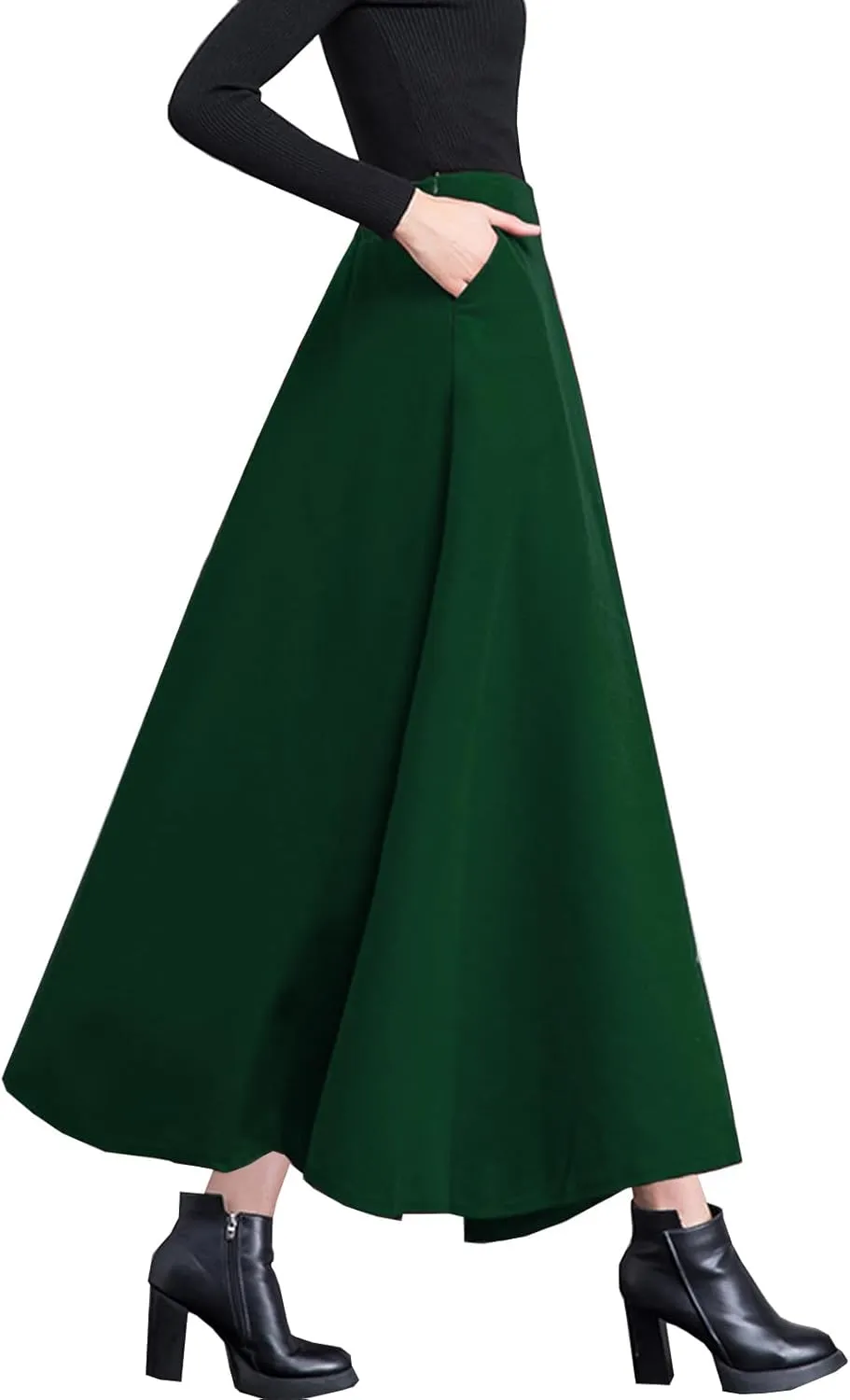 Women's High Elastic Waist Maxi Wool Skirt A-line Plaid Winter Warm Flare Long Skirt