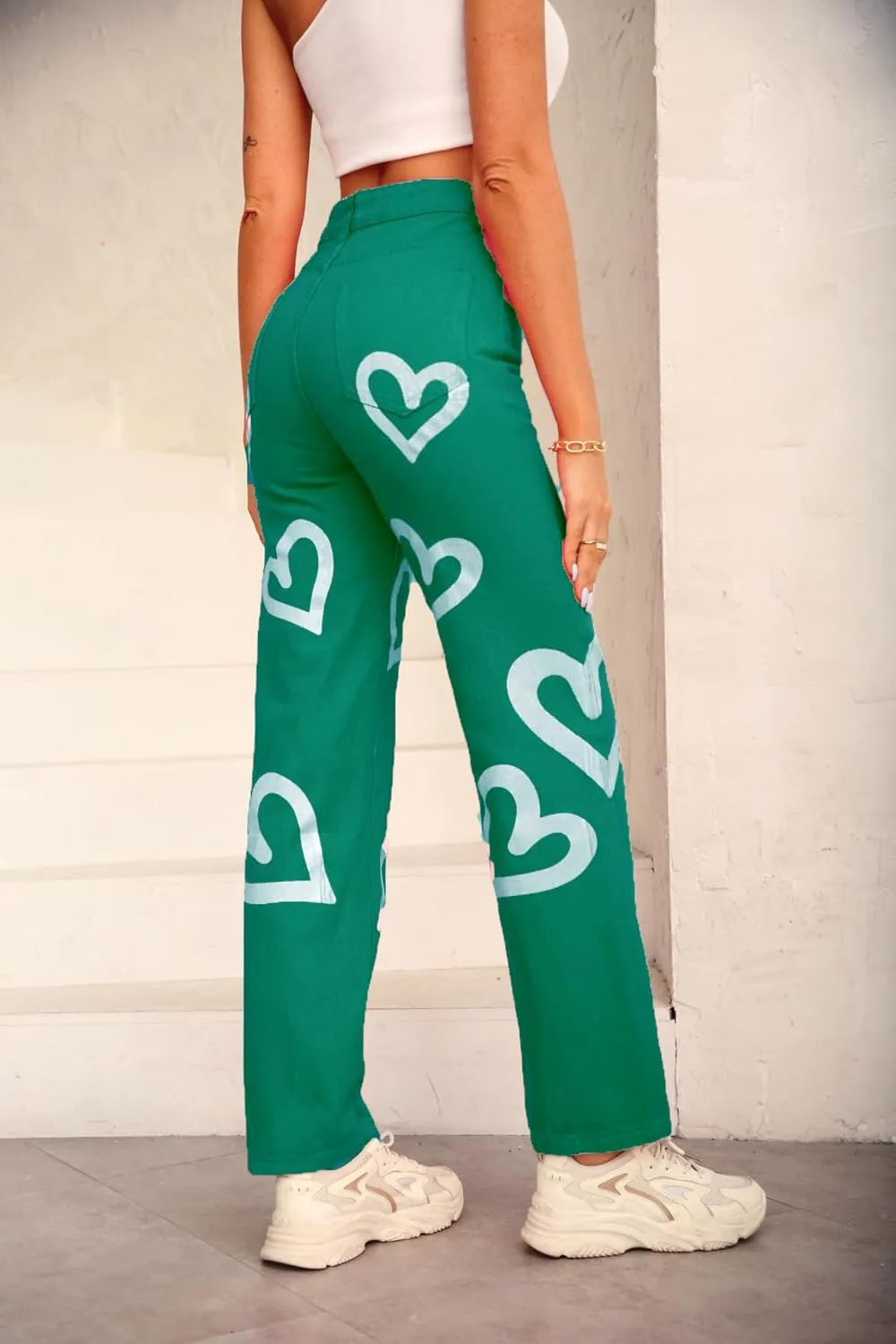 Women's High Waist Heart Print Wide Leg Loost Fit Vintage Boyfriend Jeans Teen Girls Streetwear Denim Pants