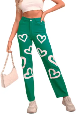 Women's High Waist Heart Print Wide Leg Loost Fit Vintage Boyfriend Jeans Teen Girls Streetwear Denim Pants