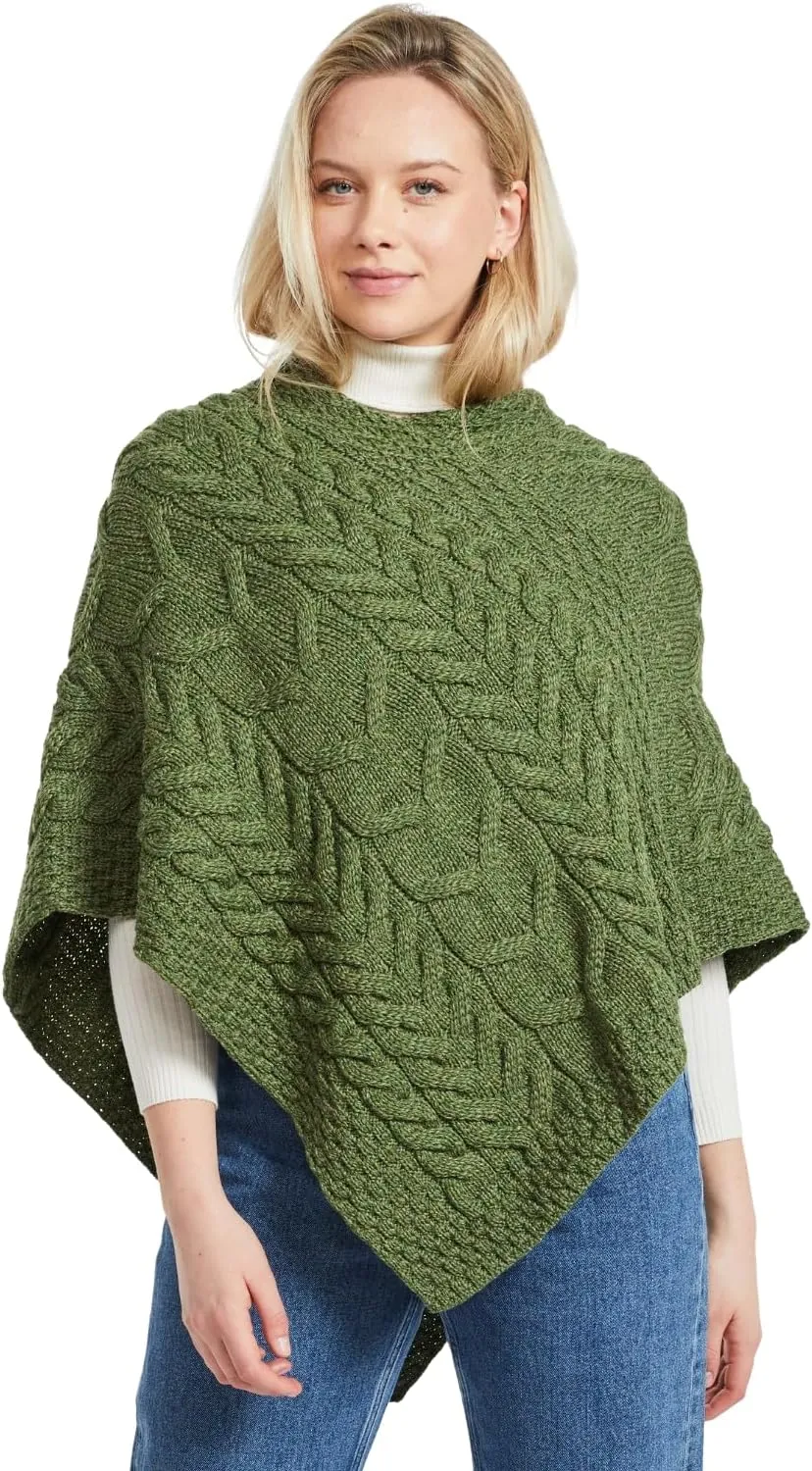 Women's Irish Cable Knit Poncho, 100% Supersoft Merino Wool, Made in Ireland, One Size, Aasleagh Falls