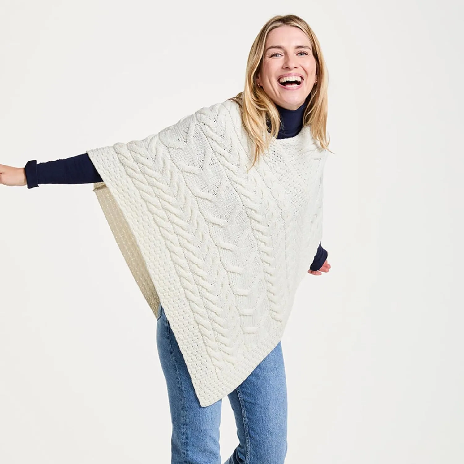Women's Irish Cable Knit Poncho, 100% Supersoft Merino Wool, Made in Ireland, One Size, Aasleagh Falls