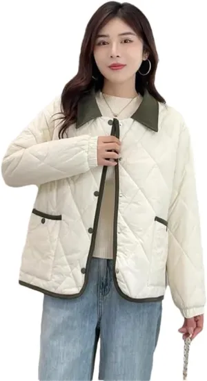 Women's Light Parkas Coat Lapel Loose Jacket Contrast Warm Cotton Padded Coat Short Overcoat white L