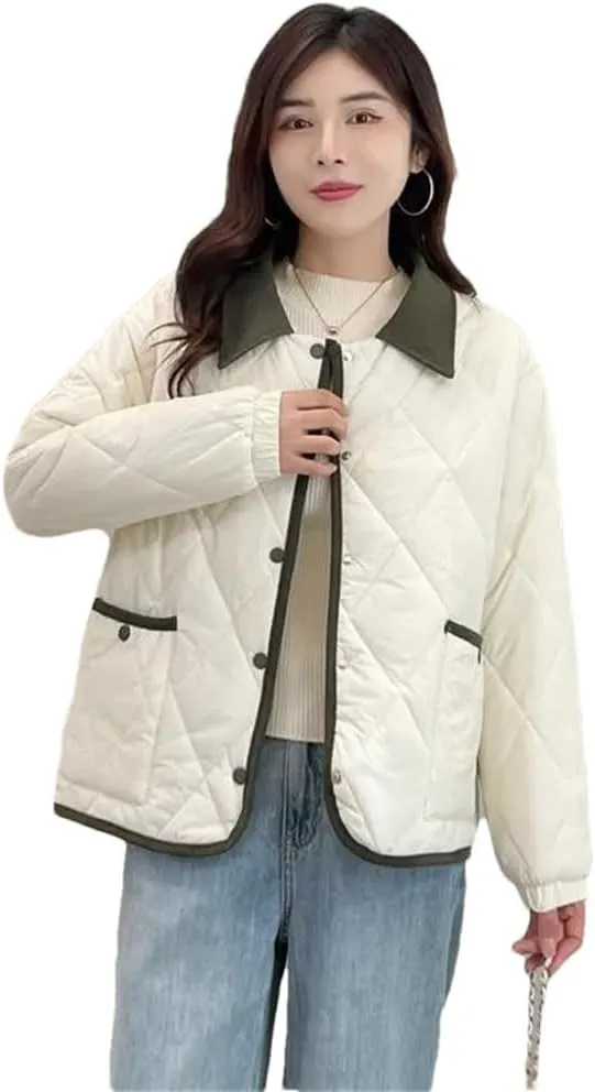 Women's Light Parkas Coat Lapel Loose Jacket Contrast Warm Cotton Padded Coat Short Overcoat white L