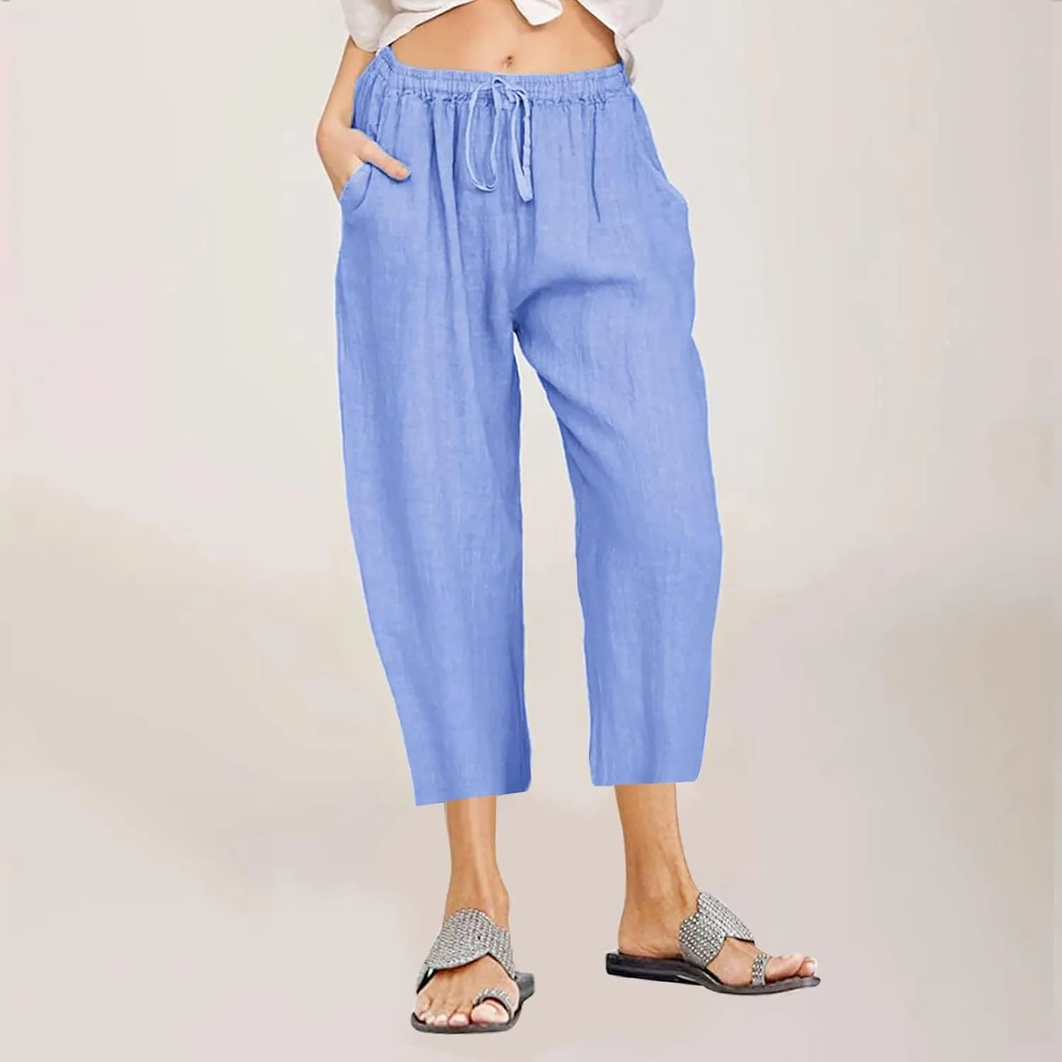 Women's Linen Capri Pants High Waisted Drawstring Wide Leg Trousers Summer Beach Casual Baggy Pants with Pockets