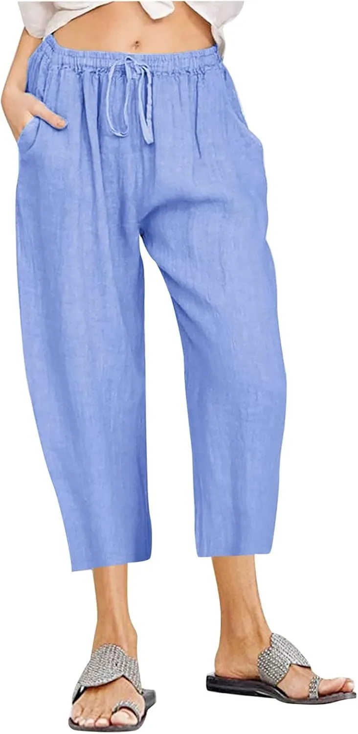Women's Linen Capri Pants High Waisted Drawstring Wide Leg Trousers Summer Beach Casual Baggy Pants with Pockets