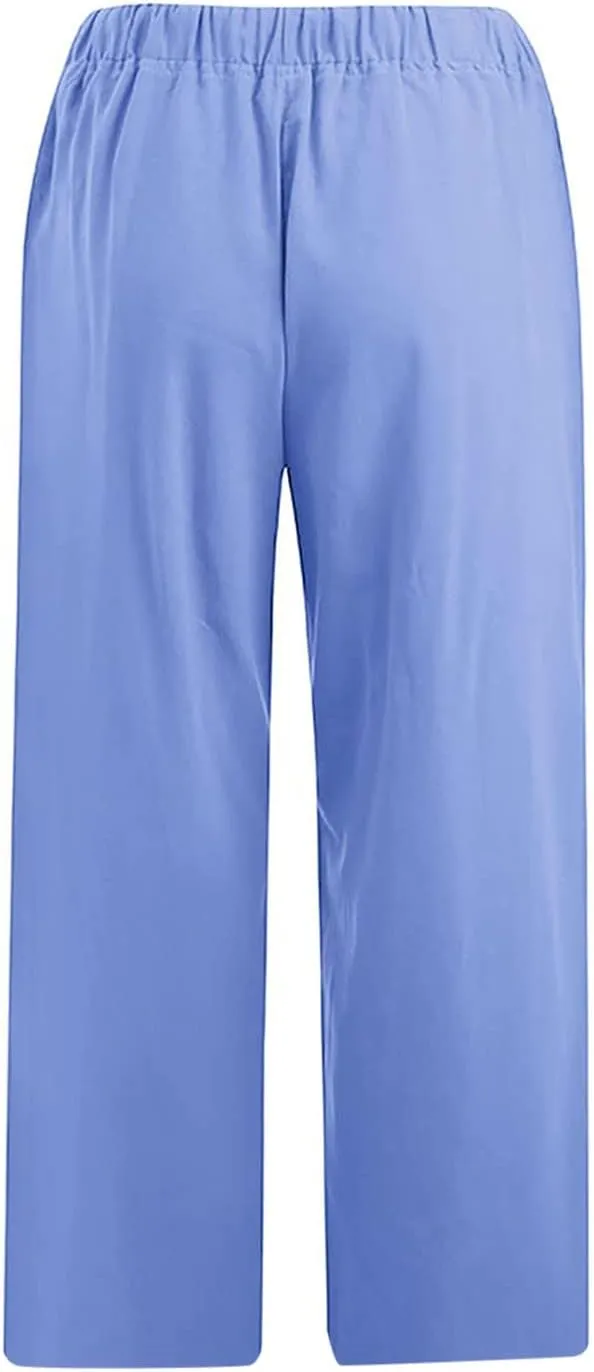 Women's Linen Capri Pants High Waisted Drawstring Wide Leg Trousers Summer Beach Casual Baggy Pants with Pockets
