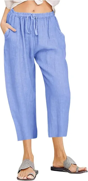 Women's Linen Capri Pants High Waisted Drawstring Wide Leg Trousers Summer Beach Casual Baggy Pants with Pockets