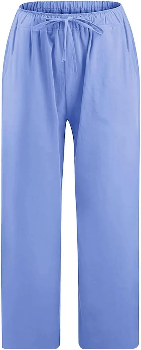 Women's Linen Capri Pants High Waisted Drawstring Wide Leg Trousers Summer Beach Casual Baggy Pants with Pockets