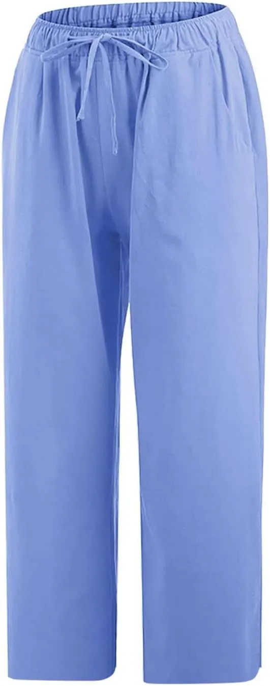 Women's Linen Capri Pants High Waisted Drawstring Wide Leg Trousers Summer Beach Casual Baggy Pants with Pockets