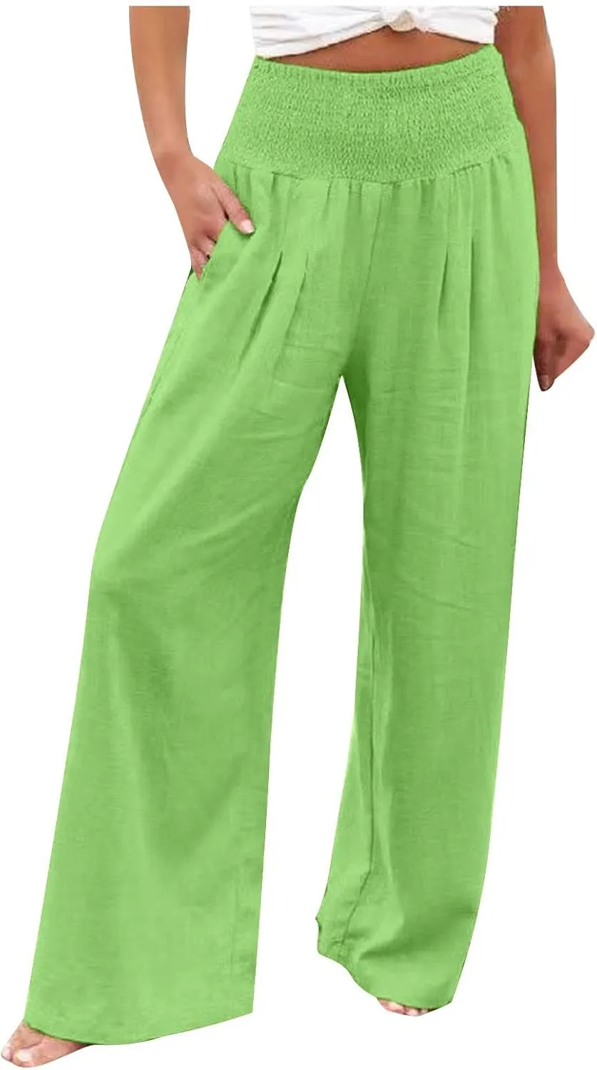 Womens Linen Palazzo Pants 2025 Summer Wide Leg Trouser High Waist Casual Lounge Pant Beach Travel Vacation Outfits