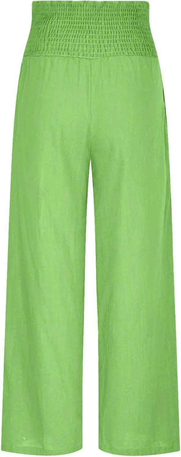 Womens Linen Palazzo Pants 2025 Summer Wide Leg Trouser High Waist Casual Lounge Pant Beach Travel Vacation Outfits