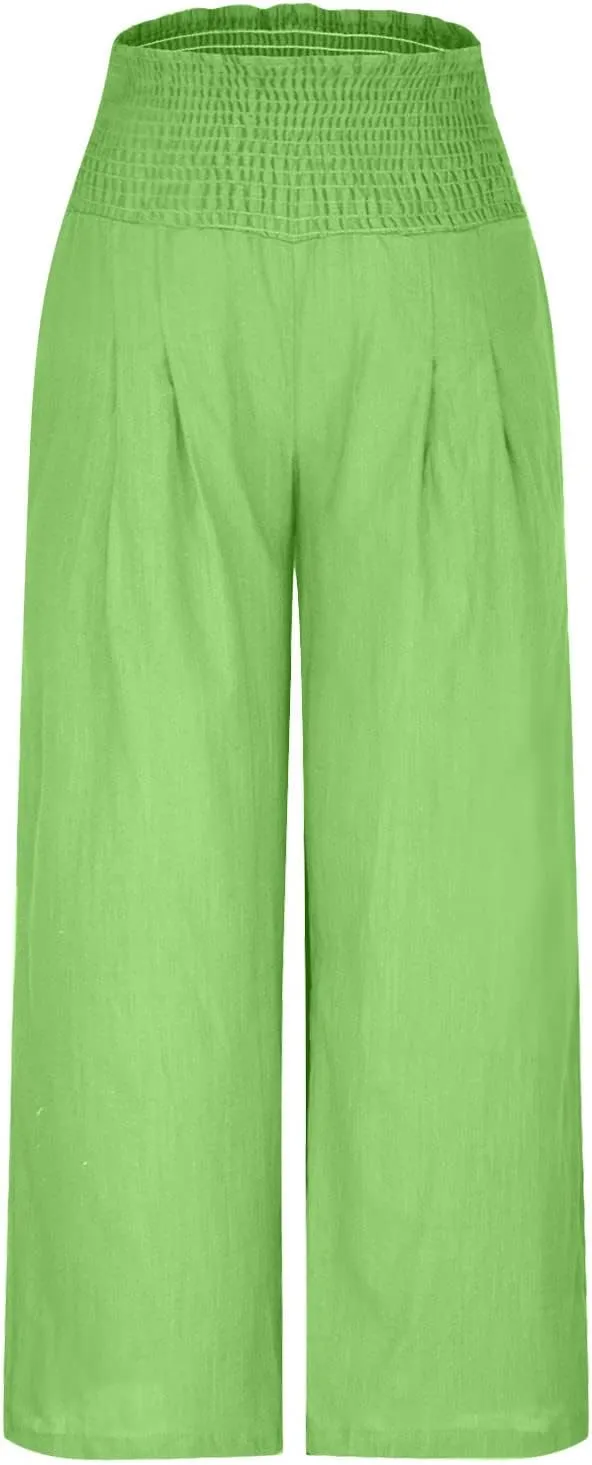 Womens Linen Palazzo Pants 2025 Summer Wide Leg Trouser High Waist Casual Lounge Pant Beach Travel Vacation Outfits