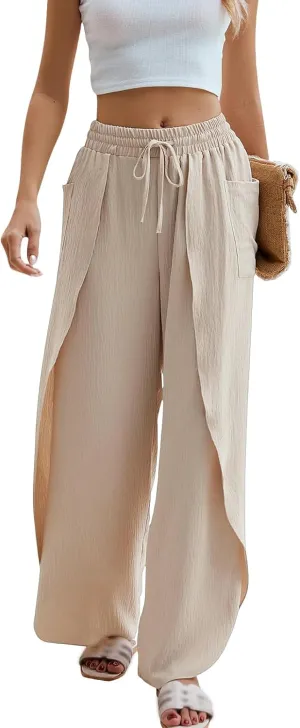 Women's Linen Palazzo Pants Summer Flowy Wide Leg Drawstring Business Casual Dress Pants Boho Trousers