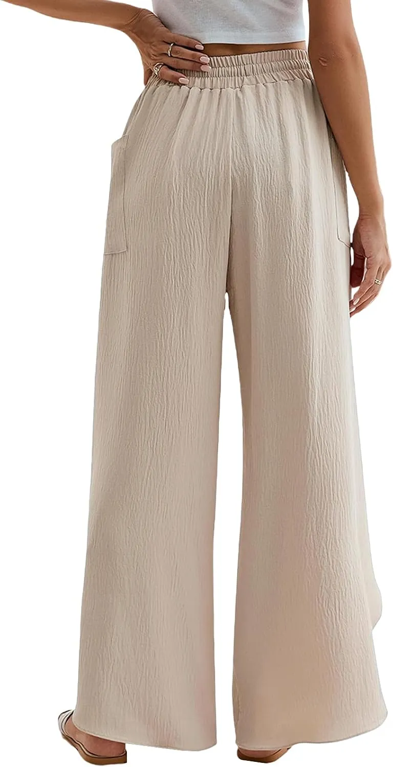 Women's Linen Palazzo Pants Summer Flowy Wide Leg Drawstring Business Casual Dress Pants Boho Trousers