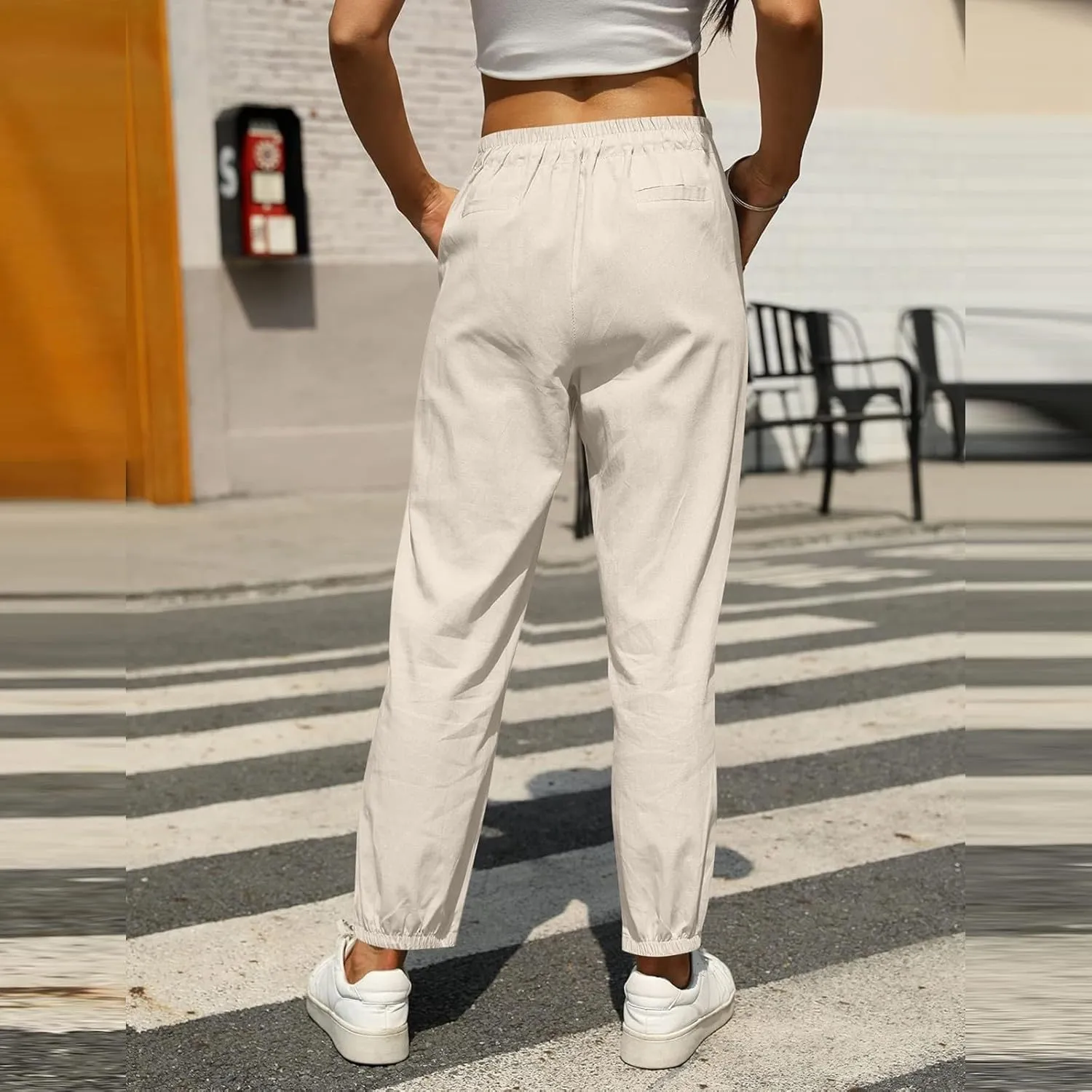 Womens Linen Pants 2025 Summer Casual Straight Dress High Elastic Waist Long Pants Casual Lounge Trousers Outfits