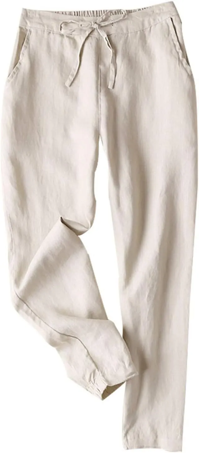 Womens Linen Pants 2025 Summer Casual Straight Dress High Elastic Waist Long Pants Casual Lounge Trousers Outfits