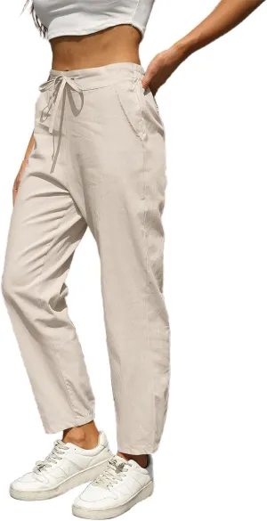 Womens Linen Pants 2025 Summer Casual Straight Dress High Elastic Waist Long Pants Casual Lounge Trousers Outfits