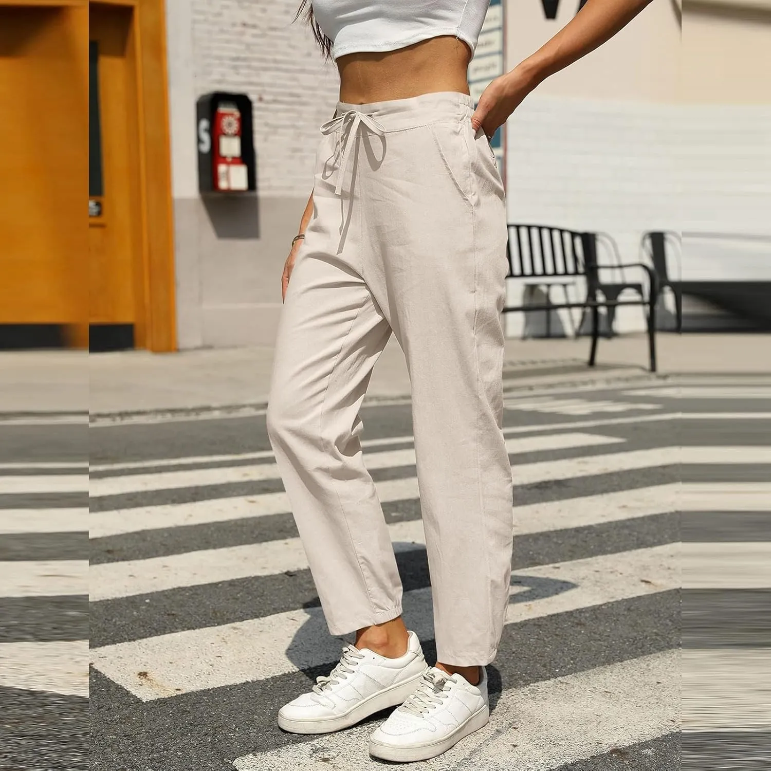 Womens Linen Pants 2025 Summer Casual Straight Dress High Elastic Waist Long Pants Casual Lounge Trousers Outfits