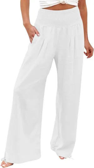 Womens Linen Pants 2025 Summer Casual Wide Leg Pants Loose Flowy Beach Trousers with Pockets
