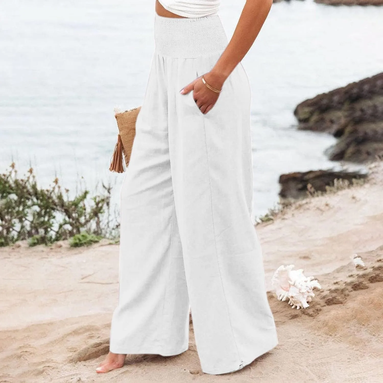 Womens Linen Pants 2025 Summer Casual Wide Leg Pants Loose Flowy Beach Trousers with Pockets