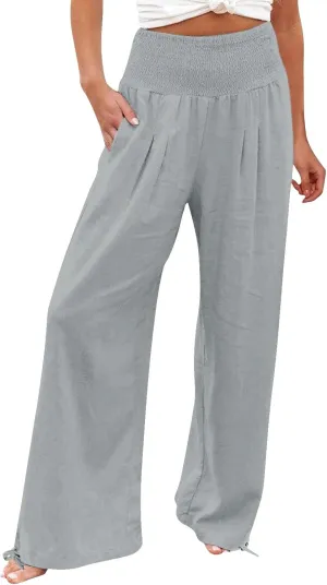Womens Linen Pants 2025 Summer Casual Wide Leg Pants Loose Flowy Beach Trousers with Pockets