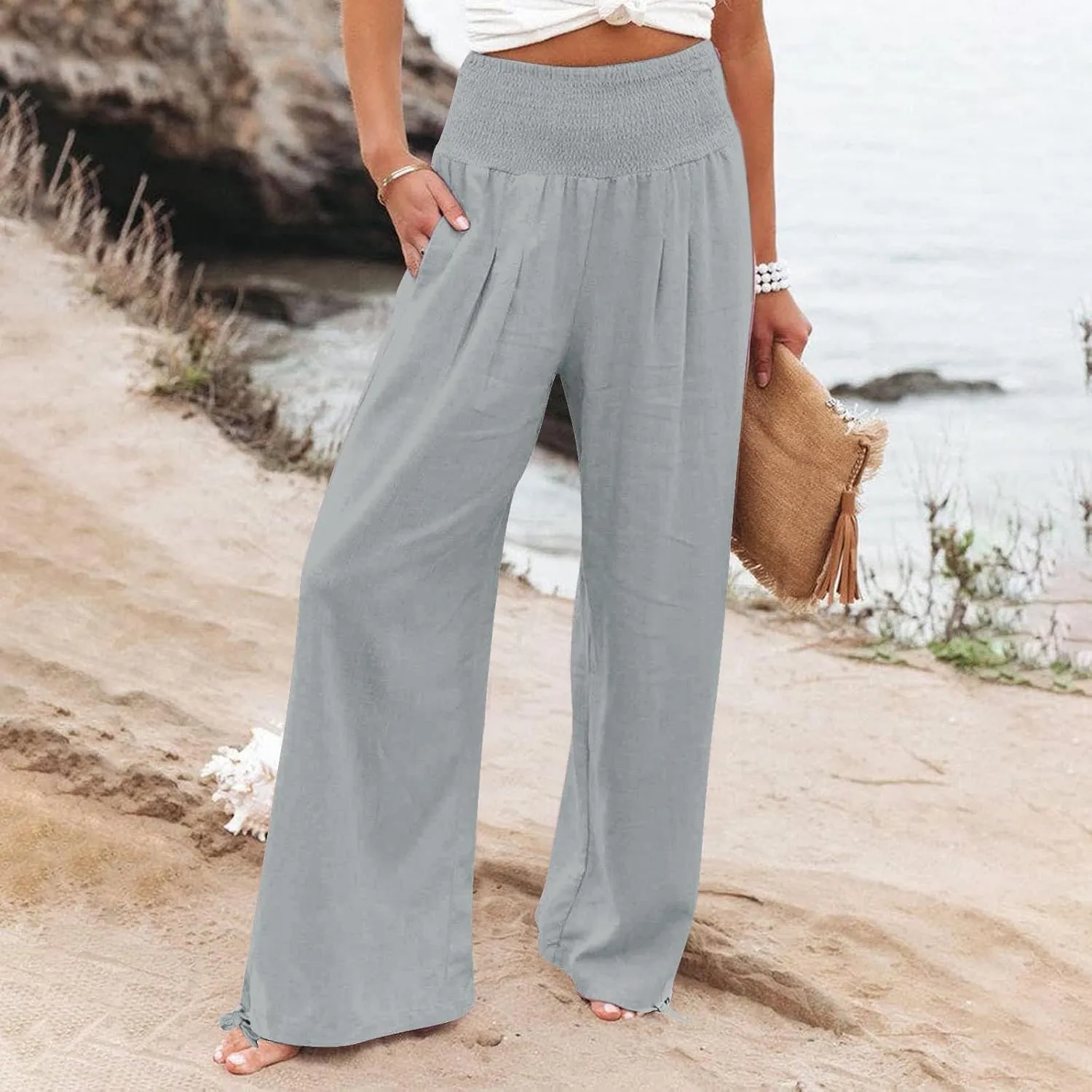 Womens Linen Pants 2025 Summer Casual Wide Leg Pants Loose Flowy Beach Trousers with Pockets