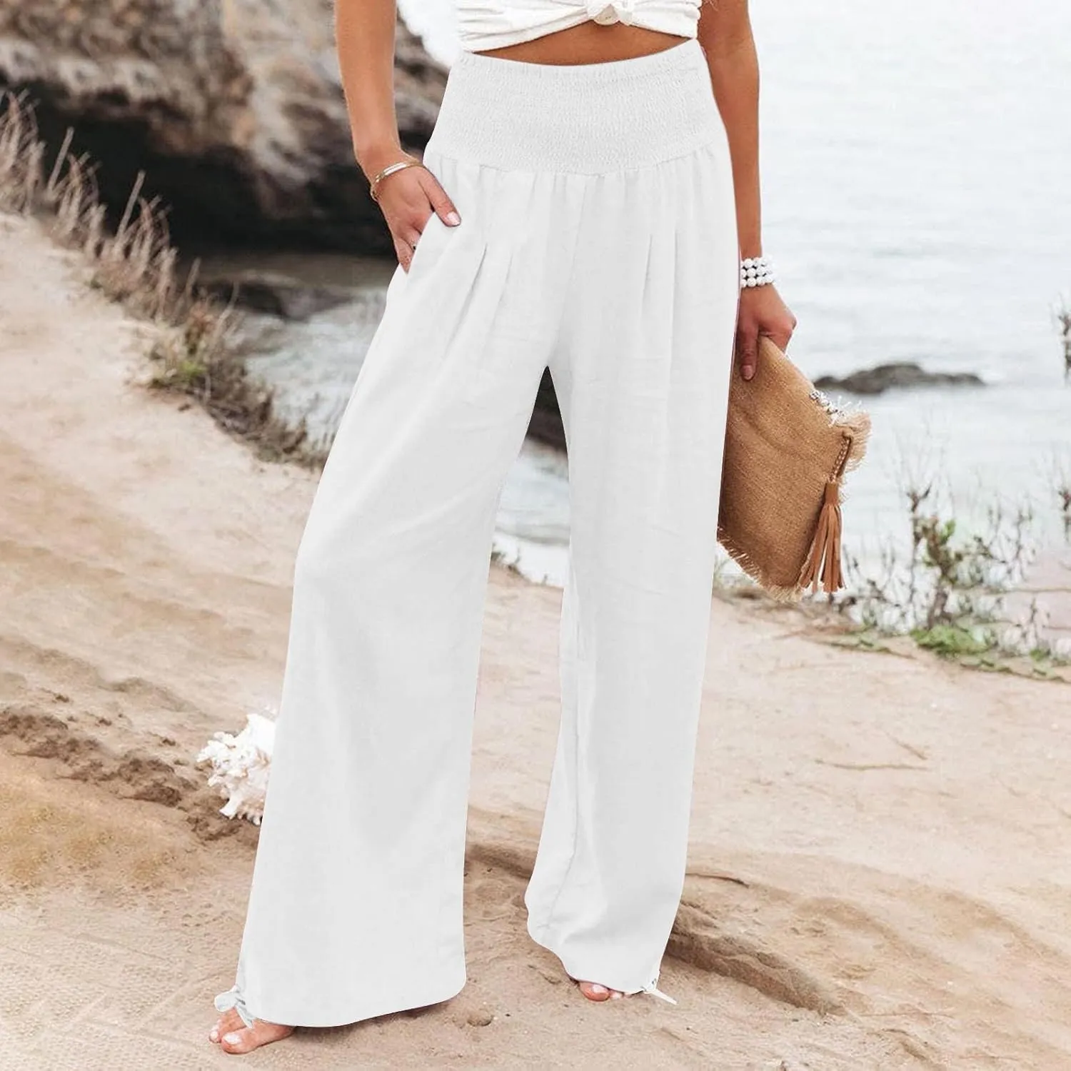 Womens Linen Pants 2025 Summer Casual Wide Leg Pants Loose Flowy Beach Trousers with Pockets