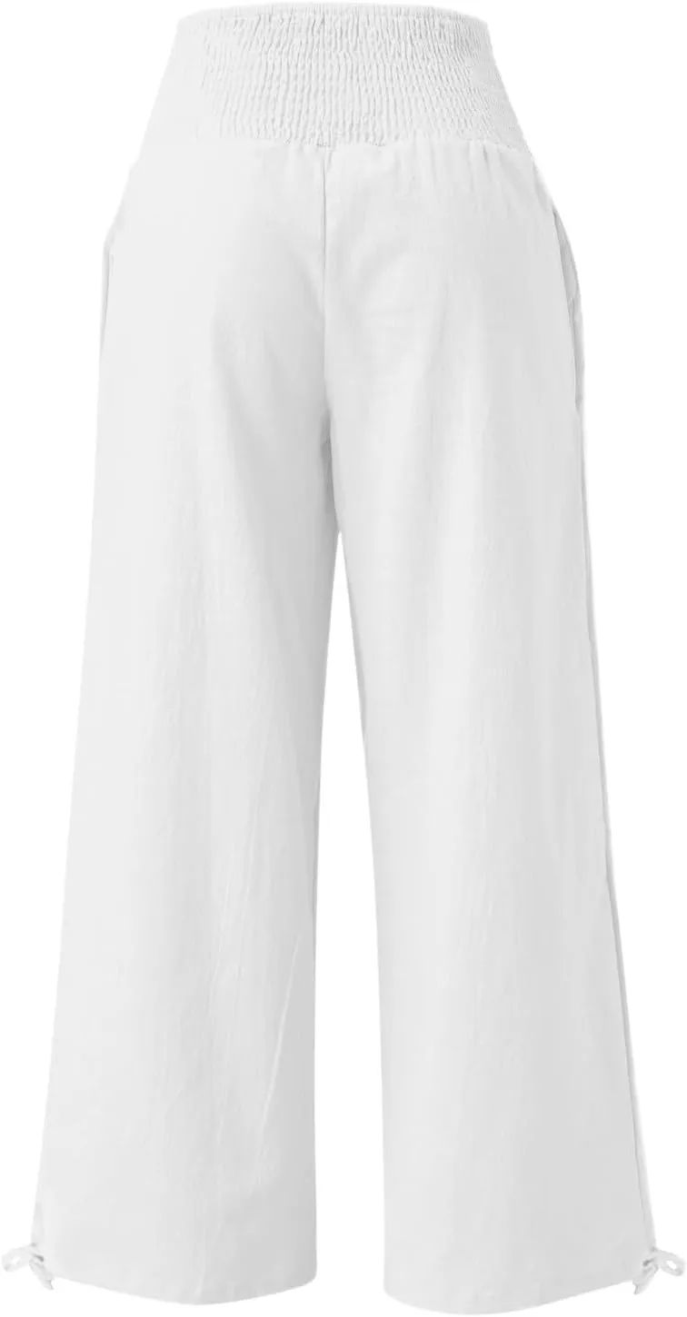 Womens Linen Pants 2025 Summer Casual Wide Leg Pants Loose Flowy Beach Trousers with Pockets