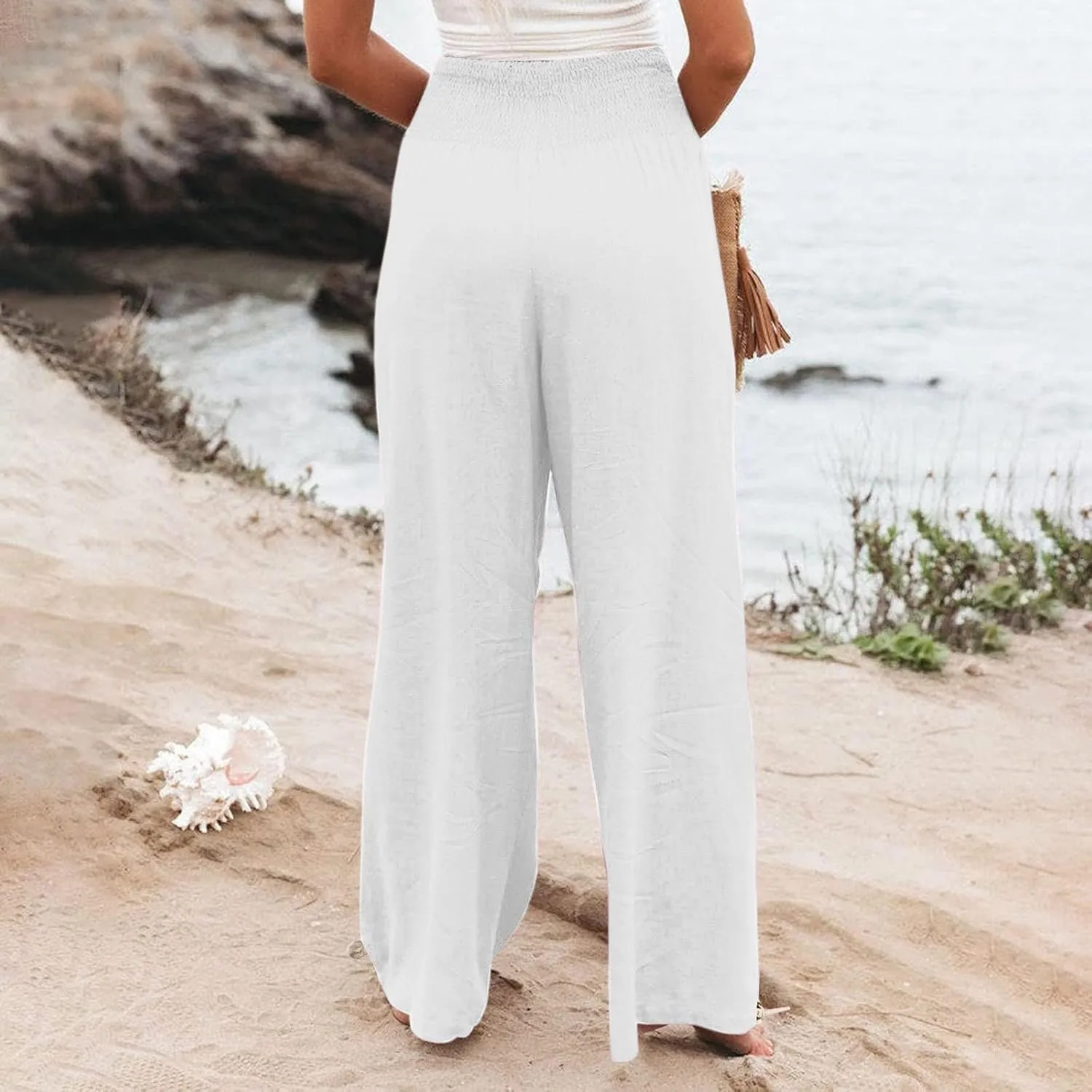 Womens Linen Pants 2025 Summer Casual Wide Leg Pants Loose Flowy Beach Trousers with Pockets