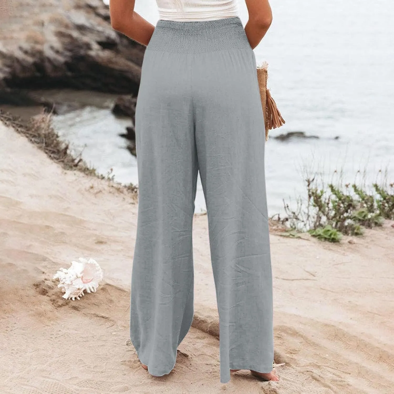 Womens Linen Pants 2025 Summer Casual Wide Leg Pants Loose Flowy Beach Trousers with Pockets
