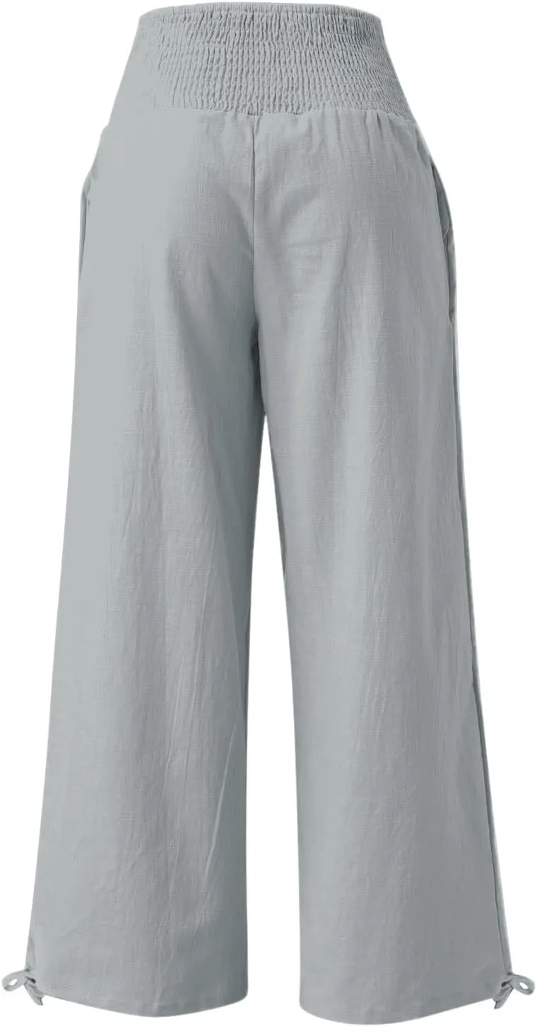 Womens Linen Pants 2025 Summer Casual Wide Leg Pants Loose Flowy Beach Trousers with Pockets
