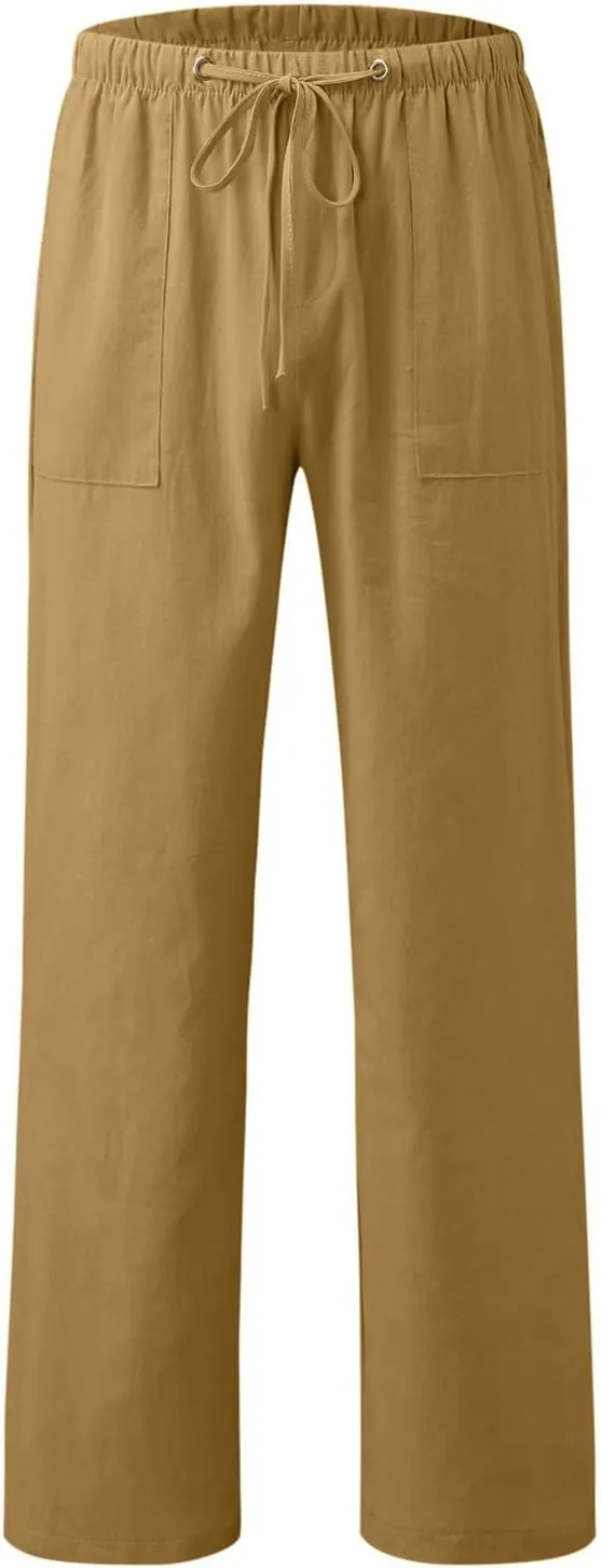 Womens Linen Pants 2025 Womens Casual Solid Color Loose Pockets Elastic Belt Waist Pants Long Trousers Harem Pants