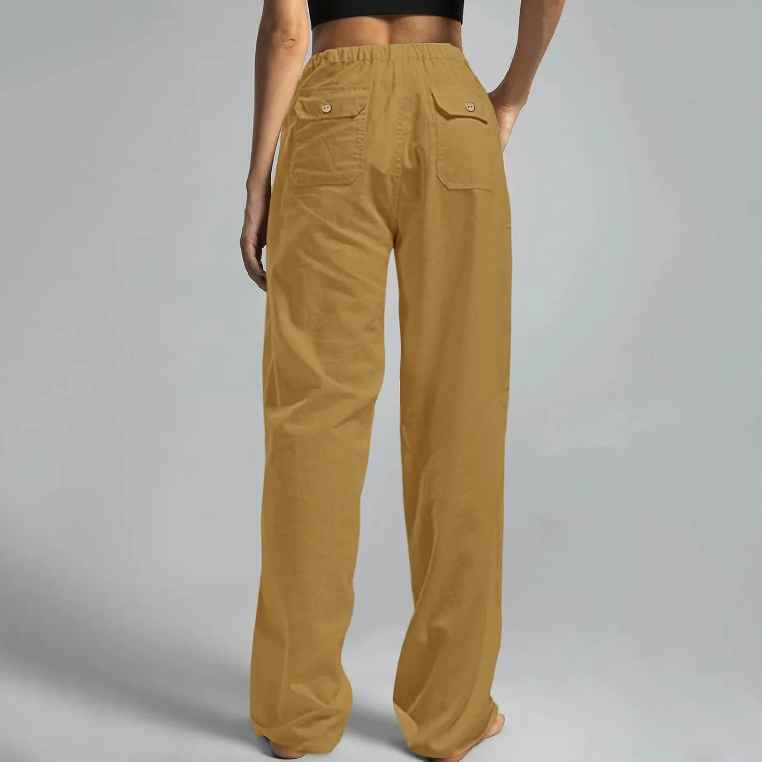 Womens Linen Pants 2025 Womens Casual Solid Color Loose Pockets Elastic Belt Waist Pants Long Trousers Harem Pants