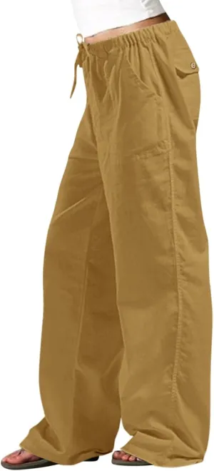 Womens Linen Pants 2025 Womens Casual Solid Color Loose Pockets Elastic Belt Waist Pants Long Trousers Harem Pants