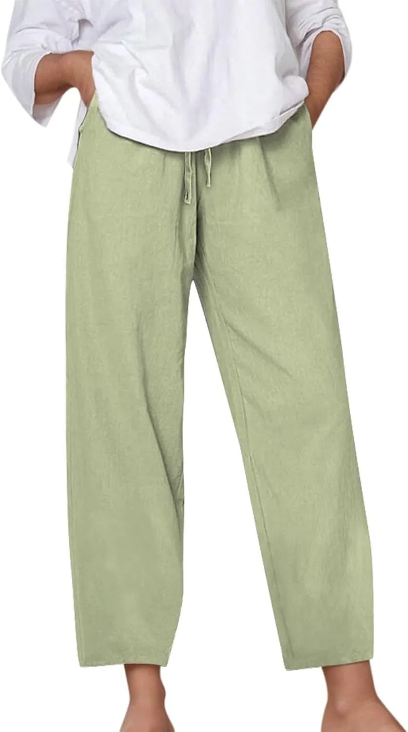 Women's Linen Pants Casual 2025 Solid Loose Drawstring Pants Elastic Waist Straight Leg Baggy Trousers with Pockets