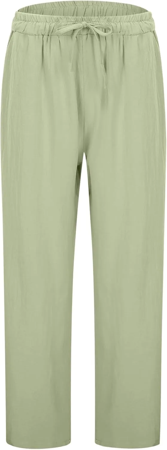 Women's Linen Pants Casual 2025 Solid Loose Drawstring Pants Elastic Waist Straight Leg Baggy Trousers with Pockets