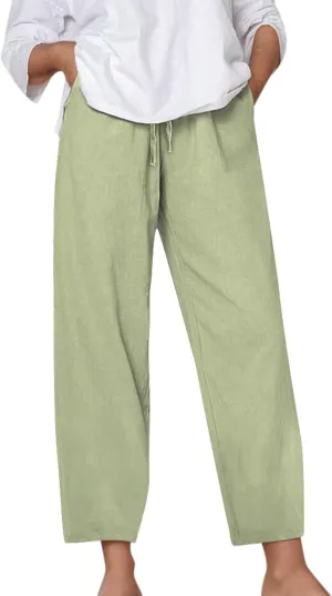 Women's Linen Pants Casual 2025 Solid Loose Drawstring Pants Elastic Waist Straight Leg Baggy Trousers with Pockets