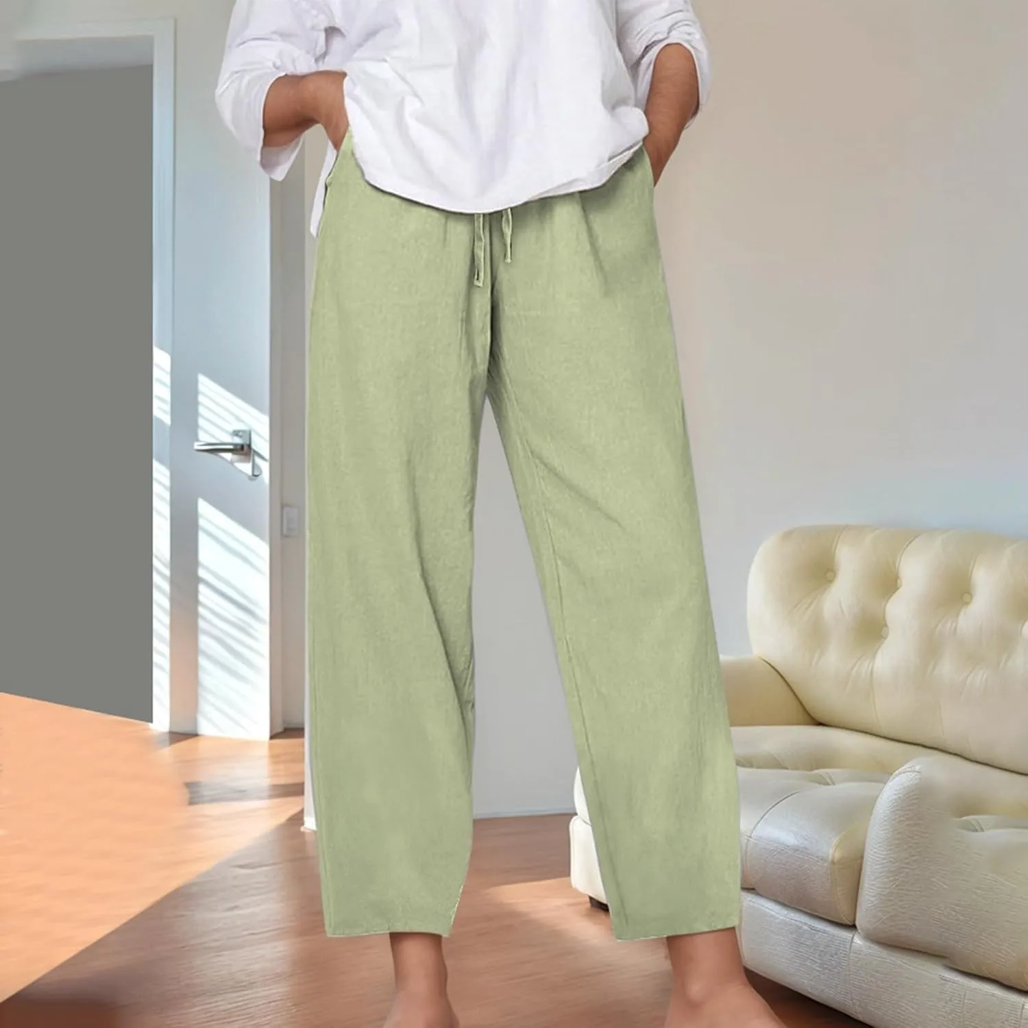 Women's Linen Pants Casual 2025 Solid Loose Drawstring Pants Elastic Waist Straight Leg Baggy Trousers with Pockets