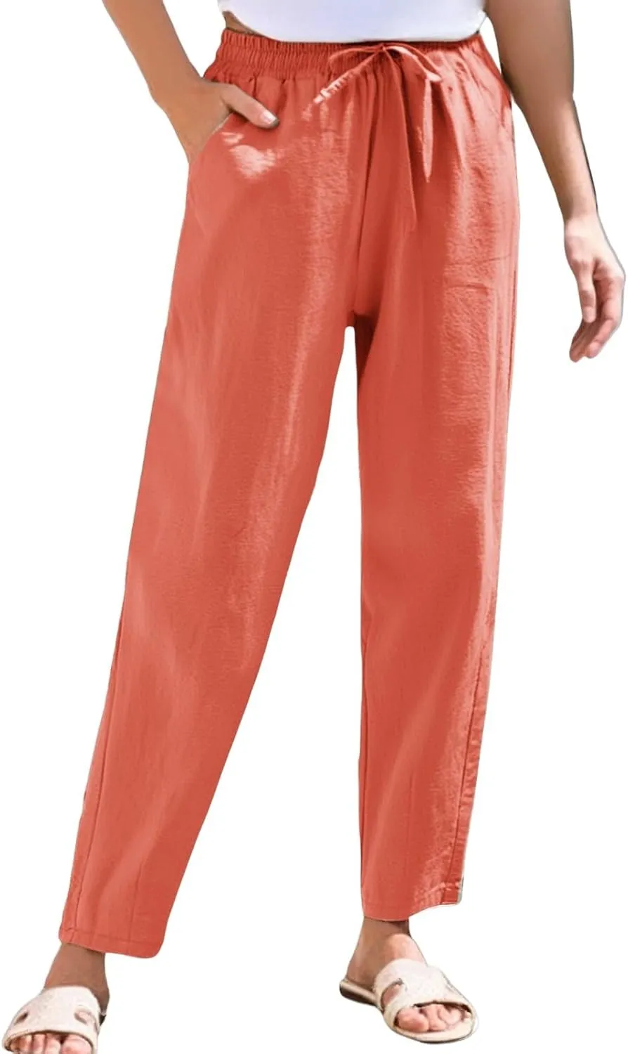 Womens Linen Pants Straight Leg Elastic Drawstring Casual Trousers with Pockets Summer Beach Lounge Pants