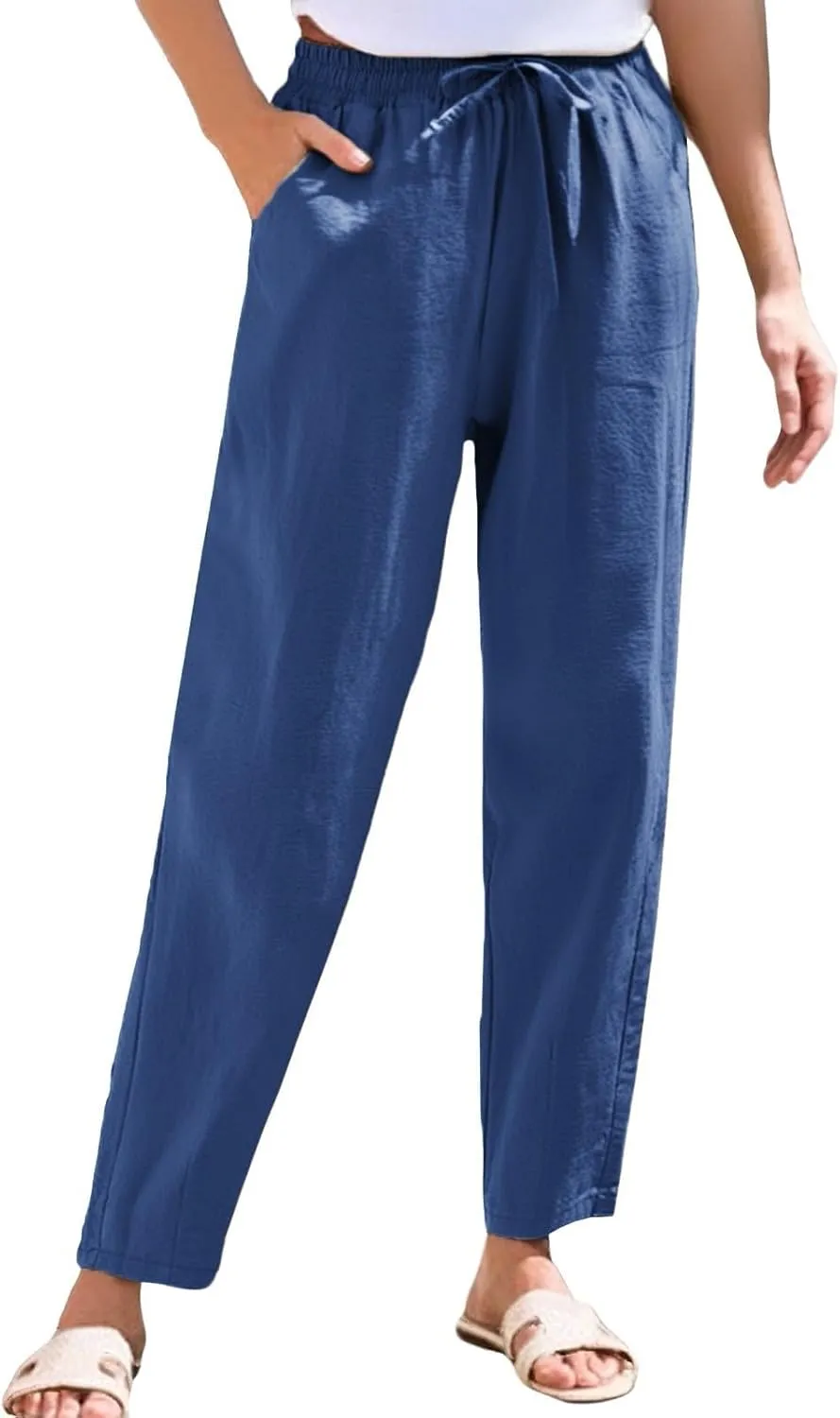 Womens Linen Pants Straight Leg Elastic Drawstring Casual Trousers with Pockets Summer Beach Lounge Pants