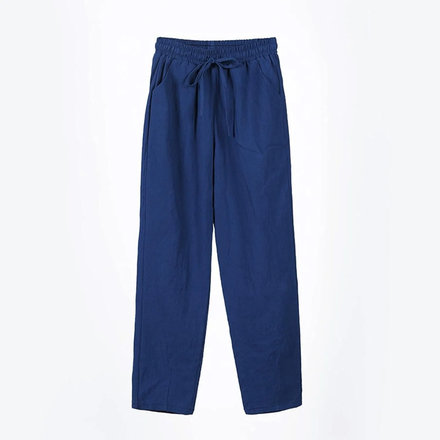 Womens Linen Pants Straight Leg Elastic Drawstring Casual Trousers with Pockets Summer Beach Lounge Pants